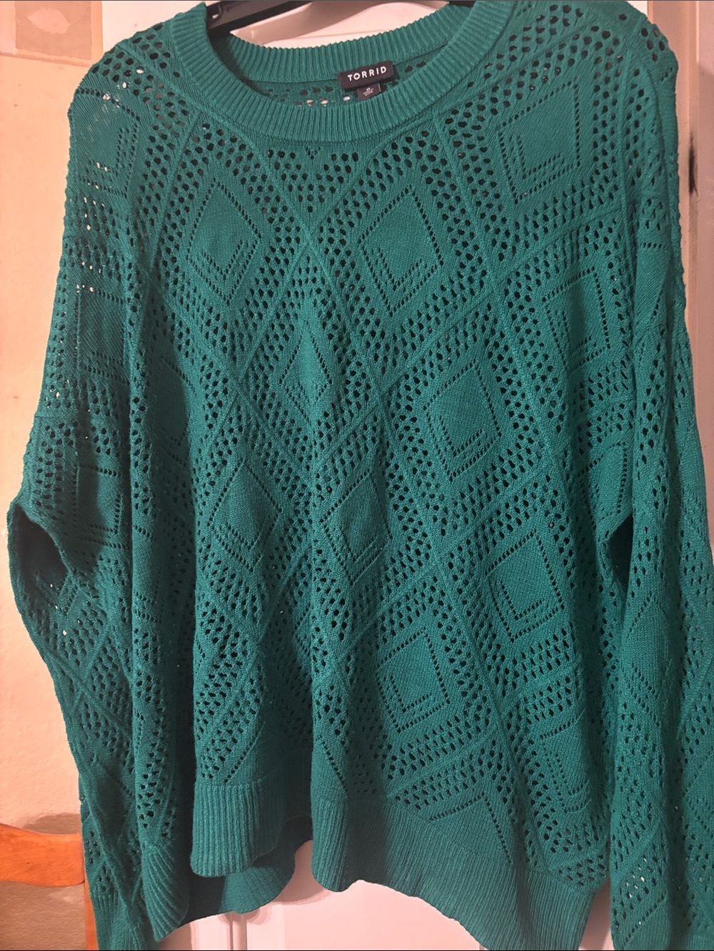 torrid teal openwork crew neck sweater